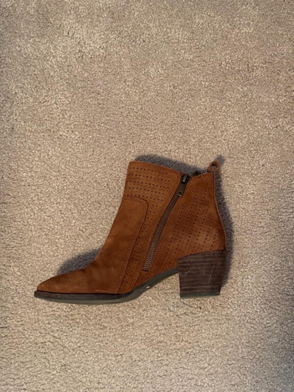 Lucky Brand Brown Suede Perforated Ankle Bootie with Side Zip